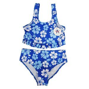 Girls Blue Floral Two-Piece Swimsuit With Ruffle Detail Size 12
